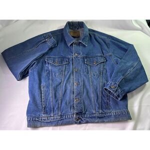 VTG Route 66 Premium Jeanswear Denim Trucker Jacket Blue Cotton Size XL Workwear